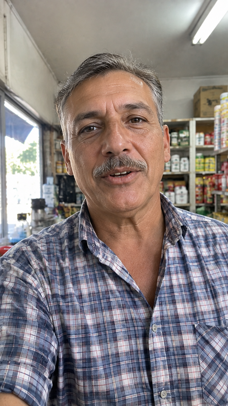 Hombre canoso con camisa a cuadros hablando a cámara dentro de un local de barrio